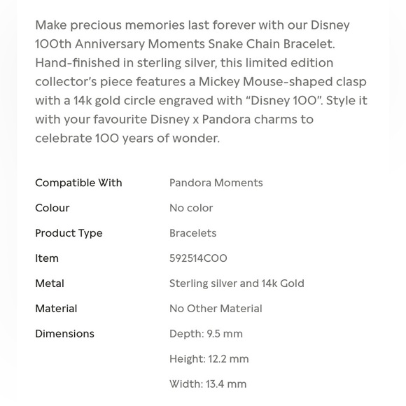 NIB New Pandora x Disney 100th Anniversary Moments Snake Chain Bracelet - Picture 6 of 14